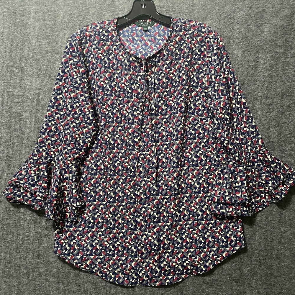 Lauren Ralph Lauren Top Womens Medium Blue Red Tiered Bell Sleeve Blouse Office